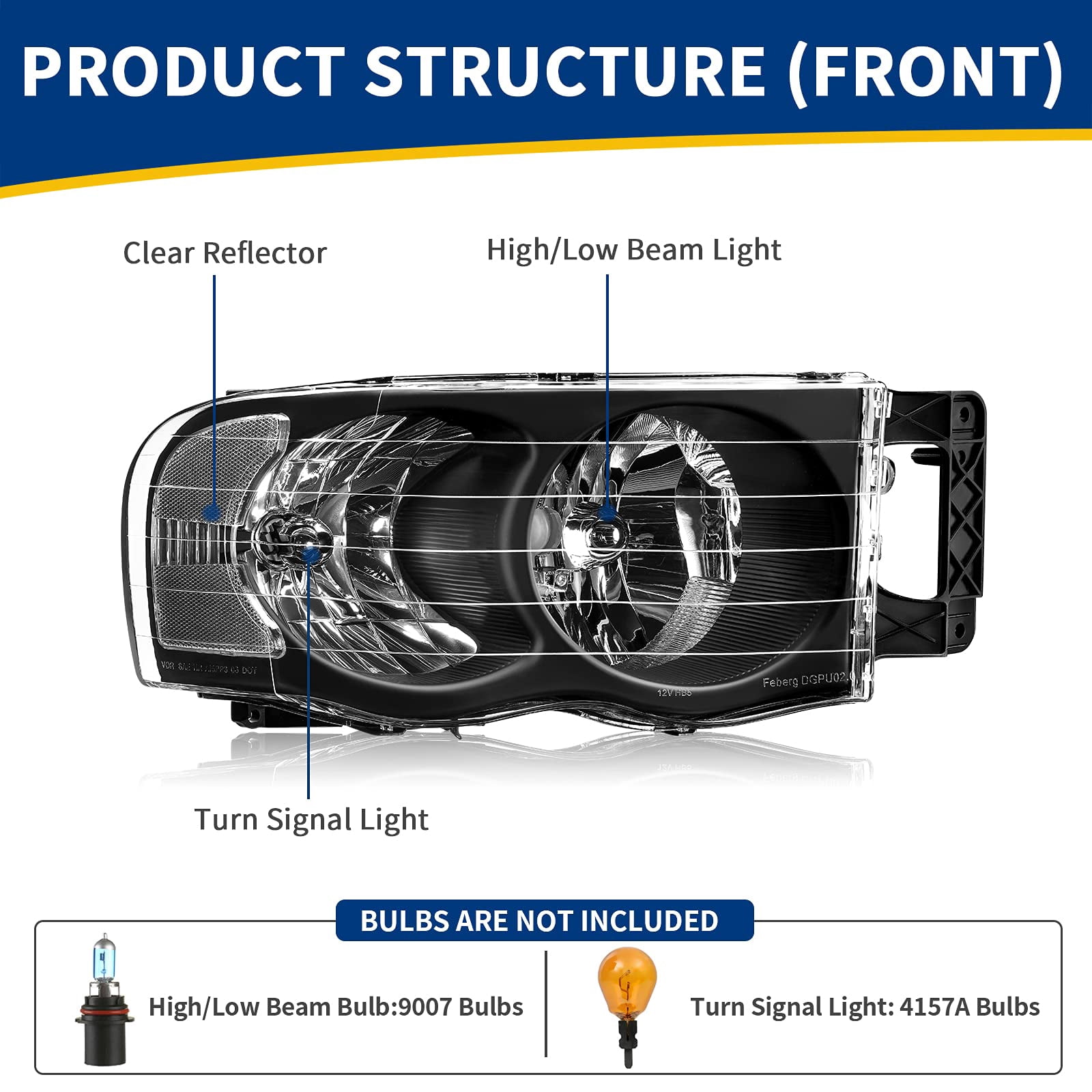 RVNI Pair Headlights For 2002-2005 Dodge Ram 1500 2500 3500 Black Housing Headlamps