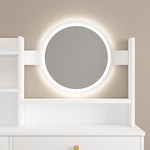 Tocador con espejo con lámpara y cajones, moderno tocador de maquillaje blanco para dormitorio, escritorio con cajones con espejo redondo, luz LED y puerta de dormitorio