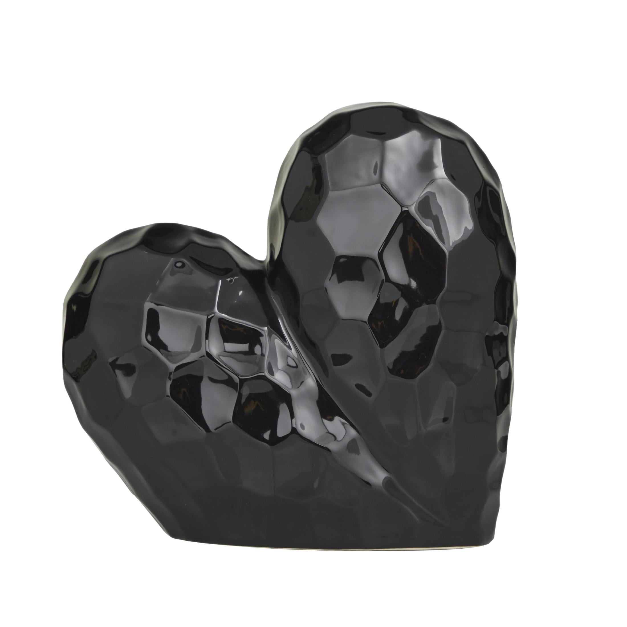 12" x 11" Black Porcelain Ceramic Dimensional Angled Origami Inspired Heart Sculpture with Faceted Exterior, by DecMode