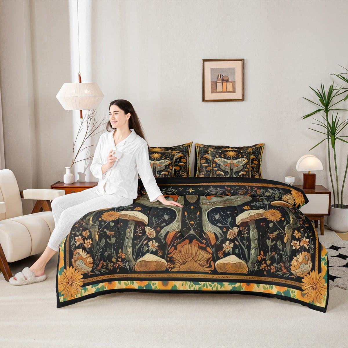 jejeloiu Retro Boho Moth Bedding Comforter Set 7pcs,Gothic Theme Queen Bedding Sets,Rustic Mushroom Queen Sheet Sets For Teens,Super Cozy Room Decor Reversible