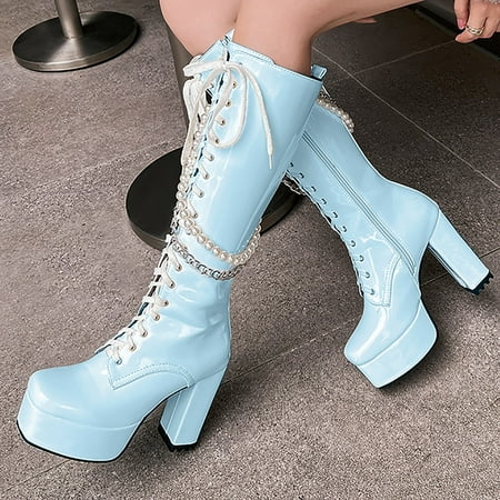 

YOUSNH Solid Color Square Toe Thick High Heels Platform Glossy Leather Women Boots Lace up Pearl Chain Fashion Store High Boots Women Boots Blue 8.5