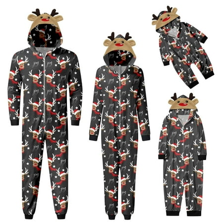 

goowrom Matching Family Christmas Pajamas Sets Elk Antler Hooded Romper PJ s Zipper Jumpsuit Loungewear
