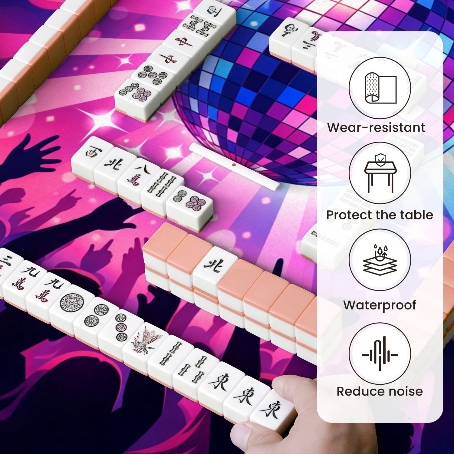 Mahjong Mat 31.5" x 31.5" Vibrant Disco Dance Party Sparkling Disco Ball Colorful Lights Non-Slip Noise Reduction Mahjong Tiles Table Cover for Dominoes Poker Card Board and Tile Games