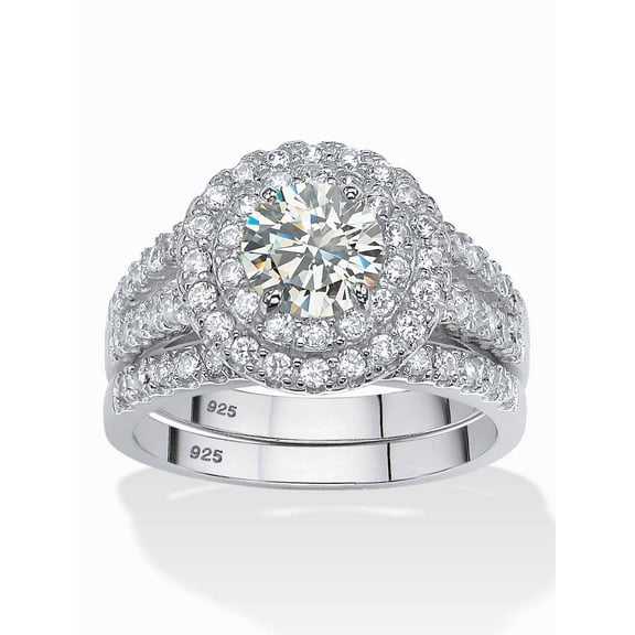 PalmBeach Jewelry 2.54 TCW Round Cubic Zirconia Two-Piece Halo Bridal Set in Platinum-plated Sterling Silver