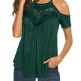 thumbnail image 3 of RQYYD Cold Shoulder Tops for Women Casual Lace Halter Blouse Summer Short Sleeve Shirts Solid Pleated Tunic Tshirt Green S, 3 of 8