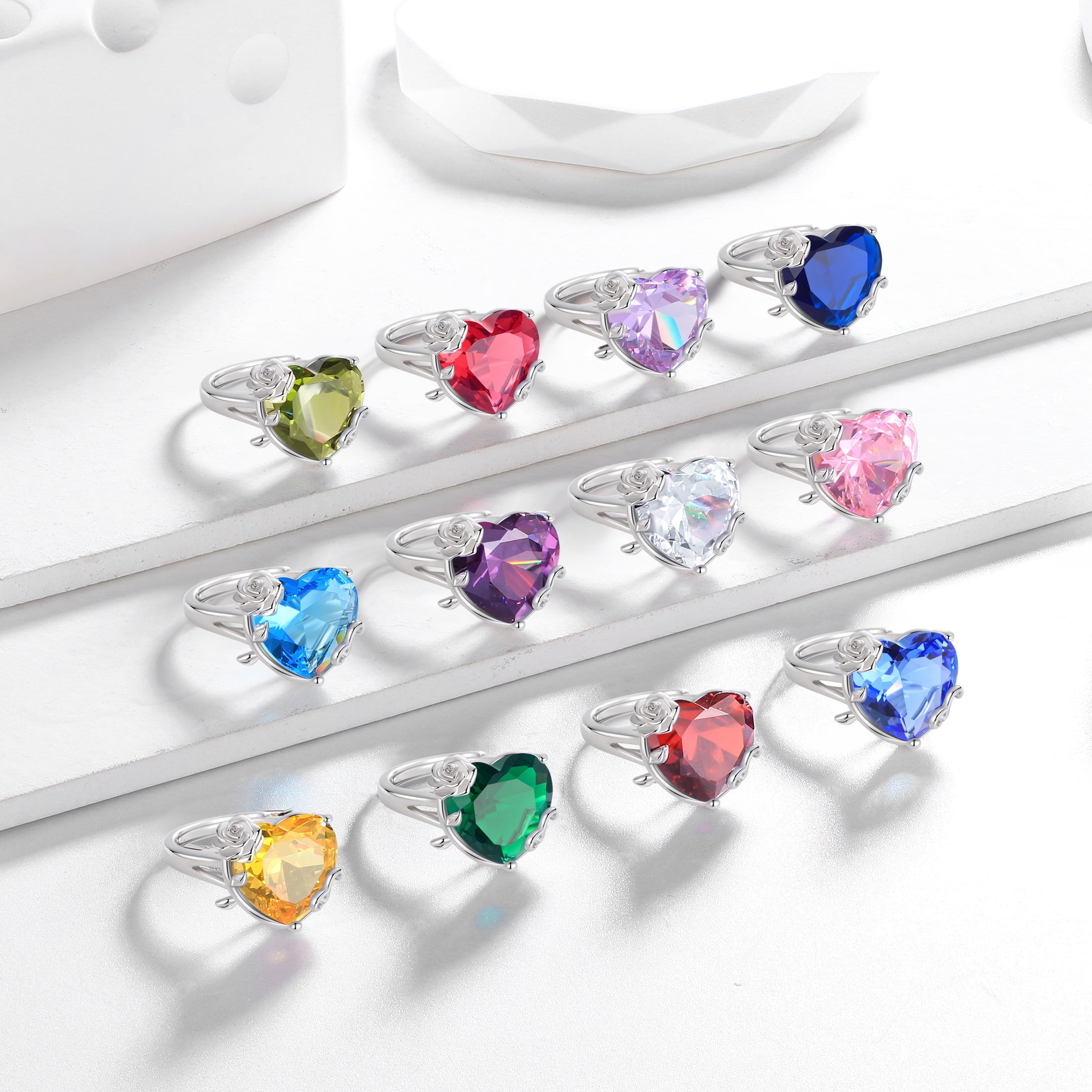 Juwaliy 9Ct Women Heart Ring 925 Sterling Silver Rose Flower July Birthstone Ruby Red Solitaire Ring Jewelry Mother Birthday Valentine's Day Gift
