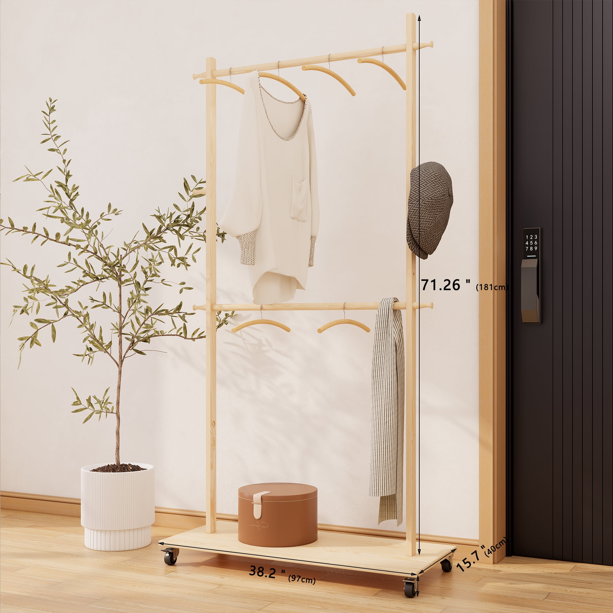 Leumius Solid Wood Clothes Drying Rack Laundry Coat Hanger with Adjustable Shelf & Wheels,Space-Saving Drying Hanger for Bedroom,Laundry,Old Pine