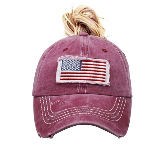 Independence Day 250th Anniversary Ponytail Baseball Cap for Women, Adjustable Patriotic Sun Hat with High Bun Hole, July 4th Outdoor Accessory Headwear #0023 Wine