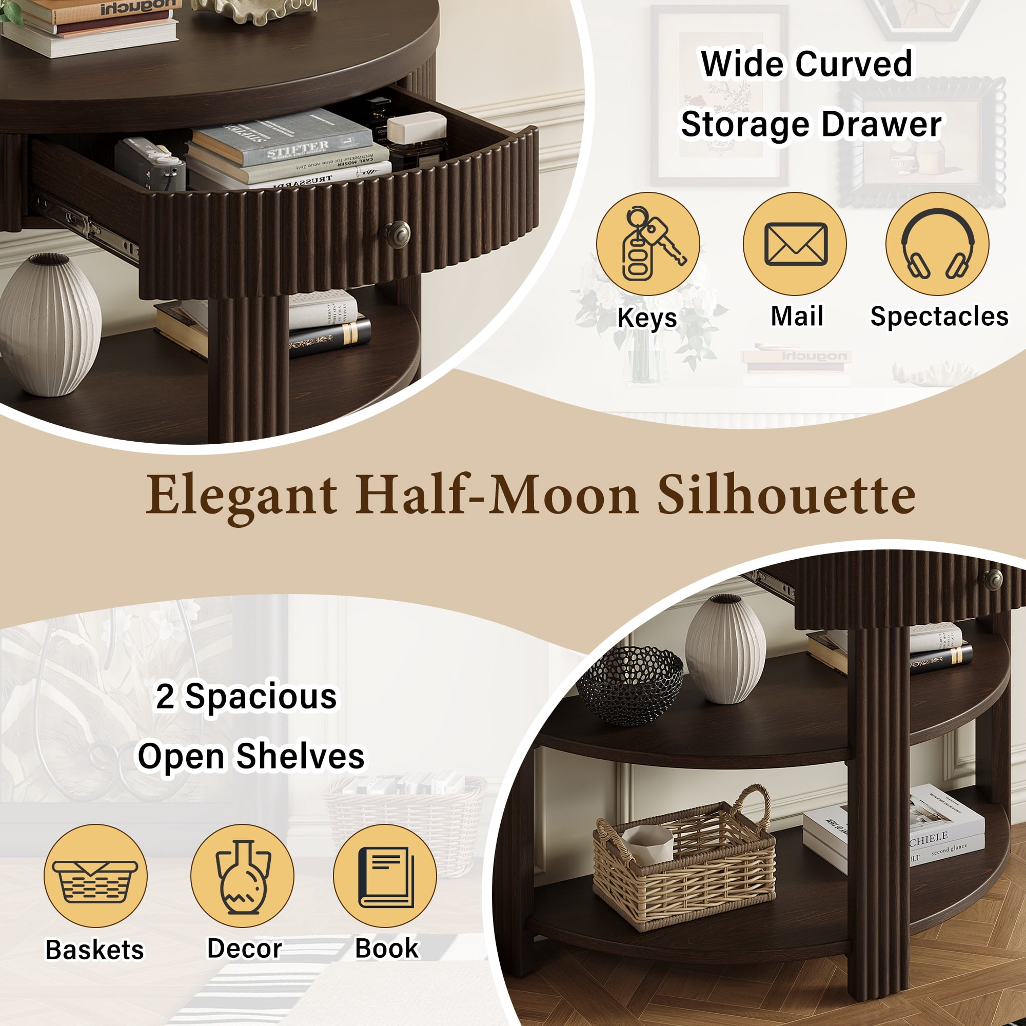 Fluted Half Moon Console Table with Drawer and 2 Shelves for Entryway, Living Room and Hallway (Espresso)