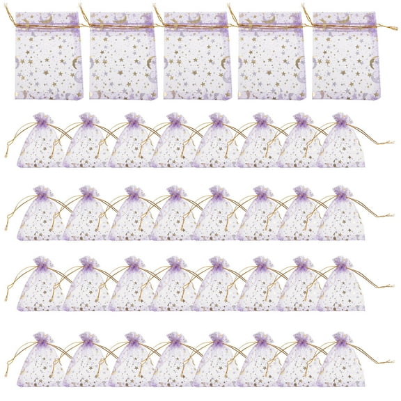 HONITANO 100Pcs Organza Present Bags Purple with Star and Moon Pattern for Wedding Party Favors