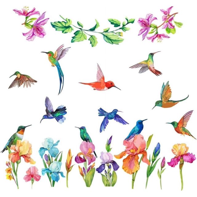 Pegatinas de pared de colibrí, calcomanías de vinilo con flores de acuarela, autoadhesivas, decoración artística de pájaros voladores para dormitorio, guardería, sala de juegos para niños, sala de
