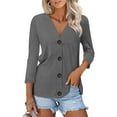 thumbnail image 2 of WTOBBY Women's 3/4 Sleeve Solid Color Button Down Casual Top, Fashion Shirt Blouse with Comfort Fit, Lightweight Fabric for Spring Summer Transition,Dark Gray 2XL, 2 of 6