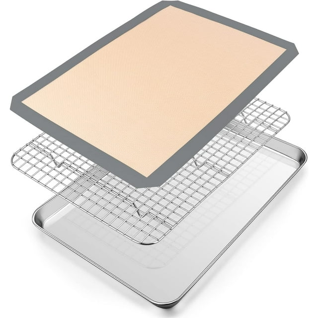16 Inch Stainless Steel Baking Sheet with Grid Rack and Silicone Baking Mat Set, P&P CHEF Baking Pan Tray with Cooling Rack, 3 Pcs (1 Pan + 1 Rack + 1 Mat), Dishwasher Safe, Non-Toxic & Durable