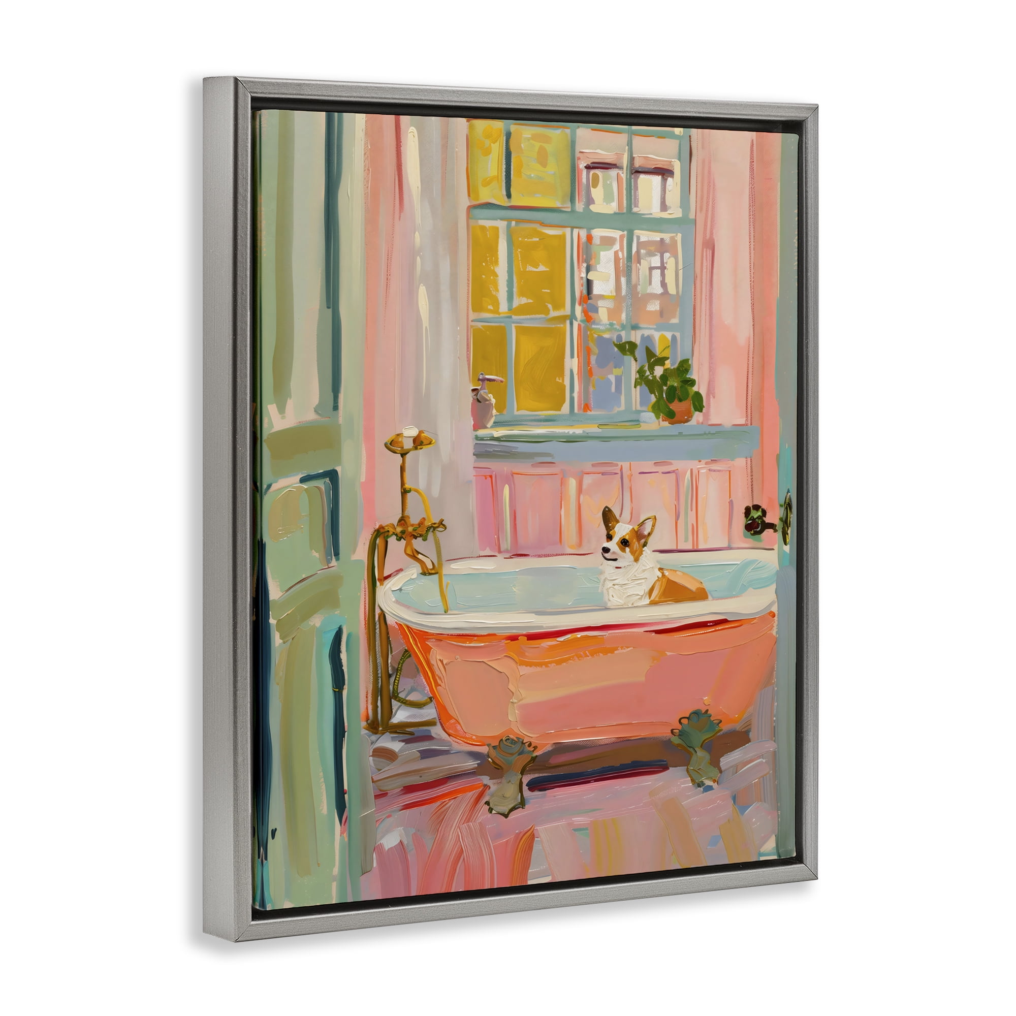 Stupell Industries Corgi in Bathtub Gray Framed Floater Canvas Wall Art, design by The Prints Vibe