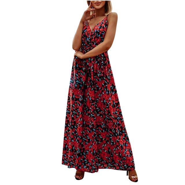 Robes d'Été pour Femmes Décontractées Bohèmes Imprimées à Bretelles à Lacets Longue Robe Dames Sans Manches Robes de Plage
