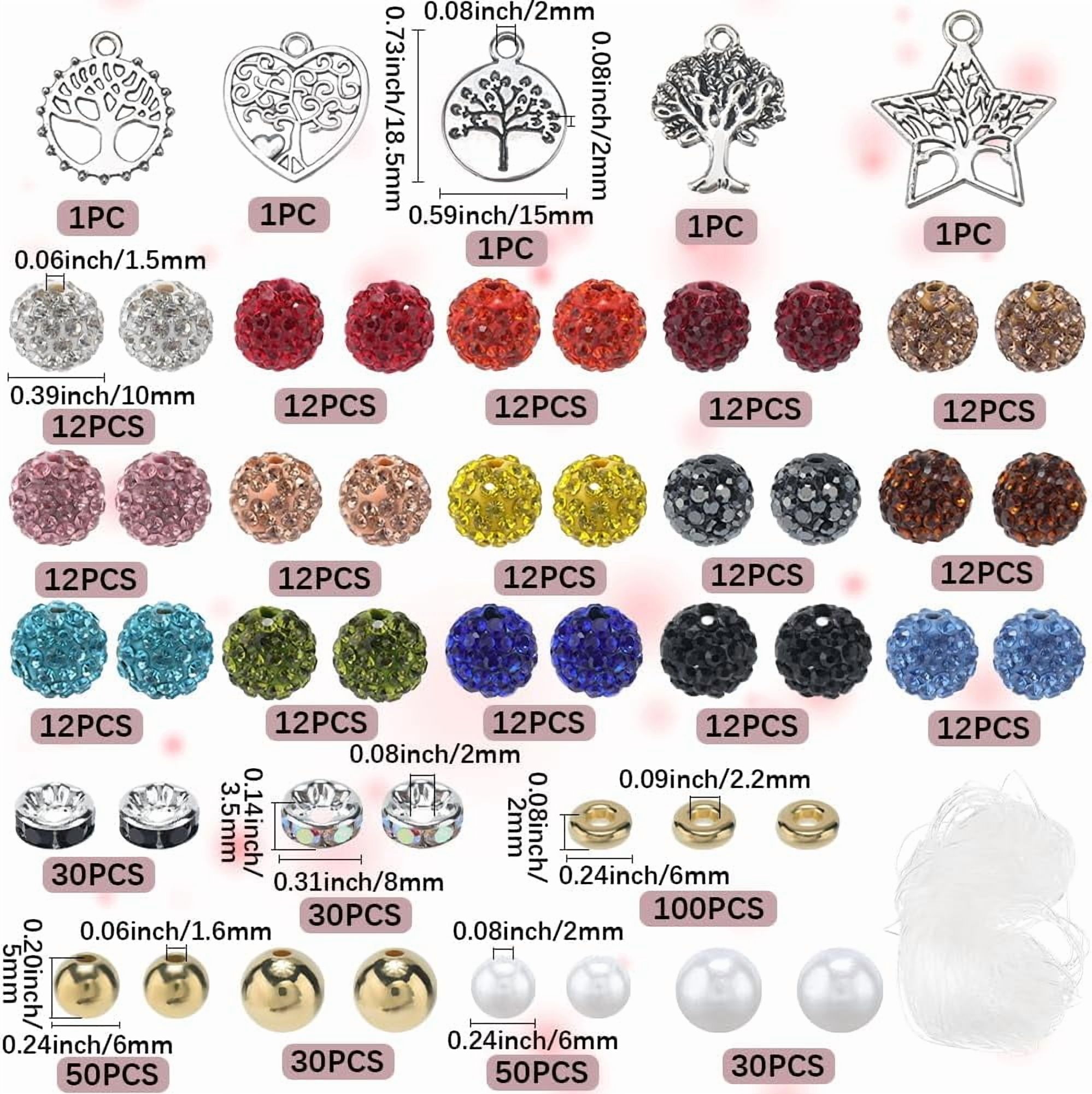 Colorful 1 Box 505Pcs Rhinestone Beads Kit 10MM Clay Beads Sparkle Disco Ball Beads with Charms Spacers Pearls Elastic String for Jewelry Making DIY Bracelet Necklace Earring Keychain Crafting