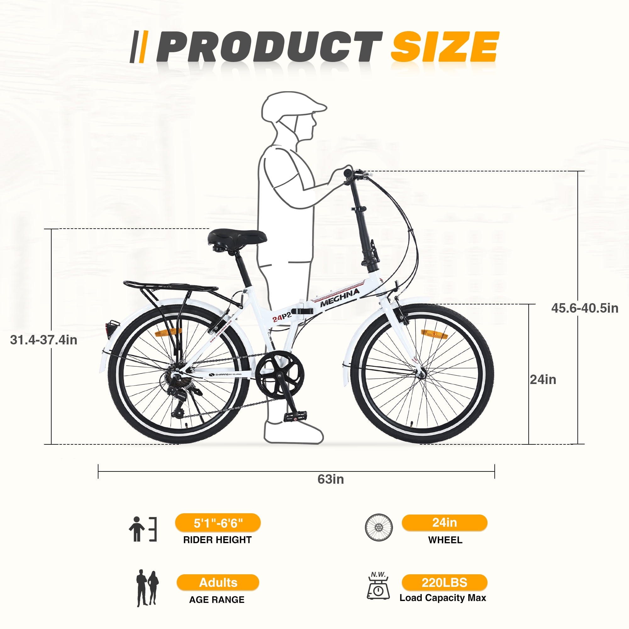 24-Inch Folding Bike with Steel Frame, Shimano 7-Speed