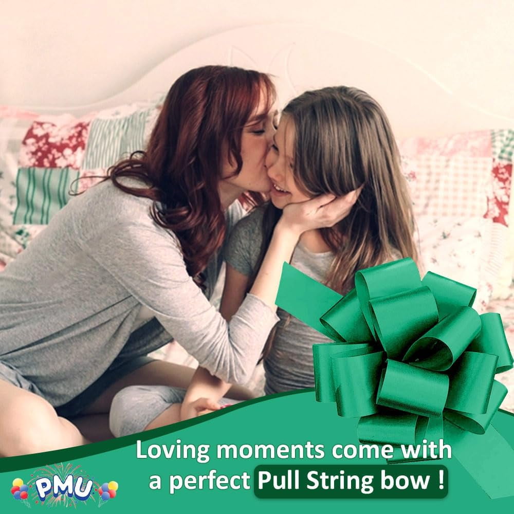 PMU Pull String Bows - Gift Bows for Wedding, Birthdays & Anniversaries - Ribbon Bows for Flowers & Basket Decoration - Large Bow for Gift Wrapping - 5 Inch 20 Loops Green- (10/pkg) Pkg/1