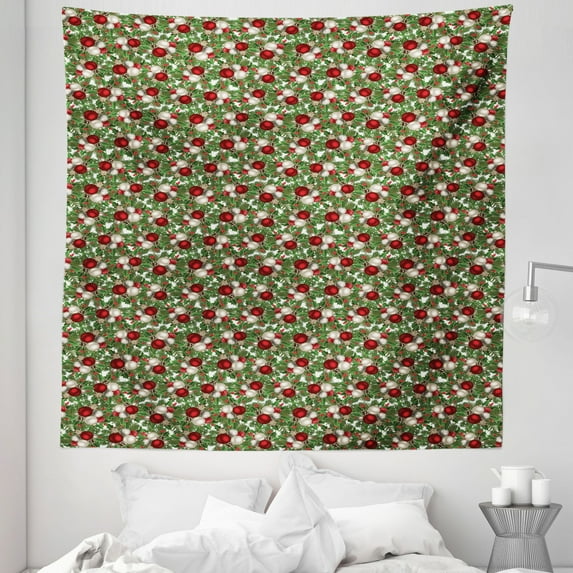 Christmas Tapestry, Pine Fir Cones Balls and Coniferous Tree Leaves Holly Berry Old Fashioned, Fabric Wall Hanging Decor for Bedroom Living Room Dorm, 5 Sizes, Red Green Grey, by Ambesonne