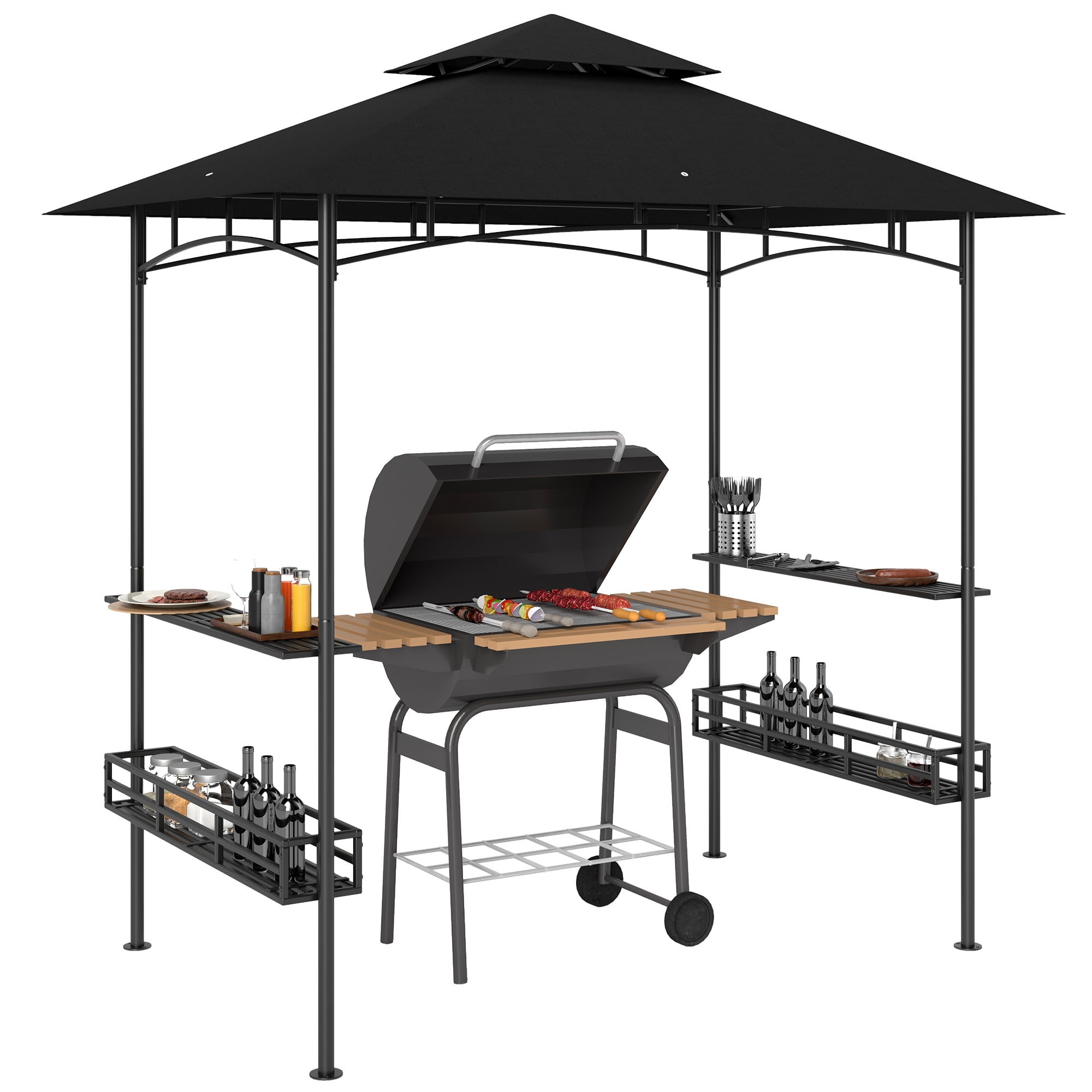 Outsunny 8' x 5' Grill Gazebo, 2-Tier Outdoor BBQ Gazebo with 2 Side Shelves, Storage Baskets and Ceiling Hook, Dark Gray