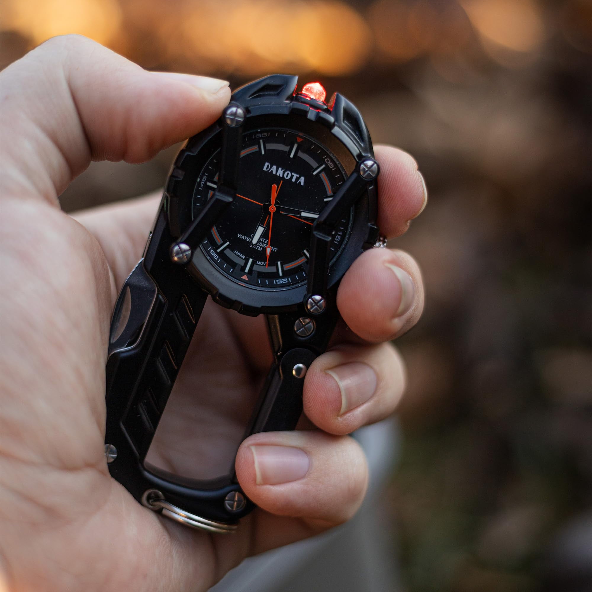 Multitool Clip Watch for Men – Black | 100ft Water Resistant Clip-On Watch with LED Light, Bottle Opener, Screwdriver & Carabiner – Outdoor Work, Camping, Hiking Tool