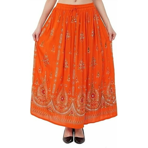 Women's Tie Dye Yoga Skirt with Sequined Crinkle Broomstick Gypsy Design Orange