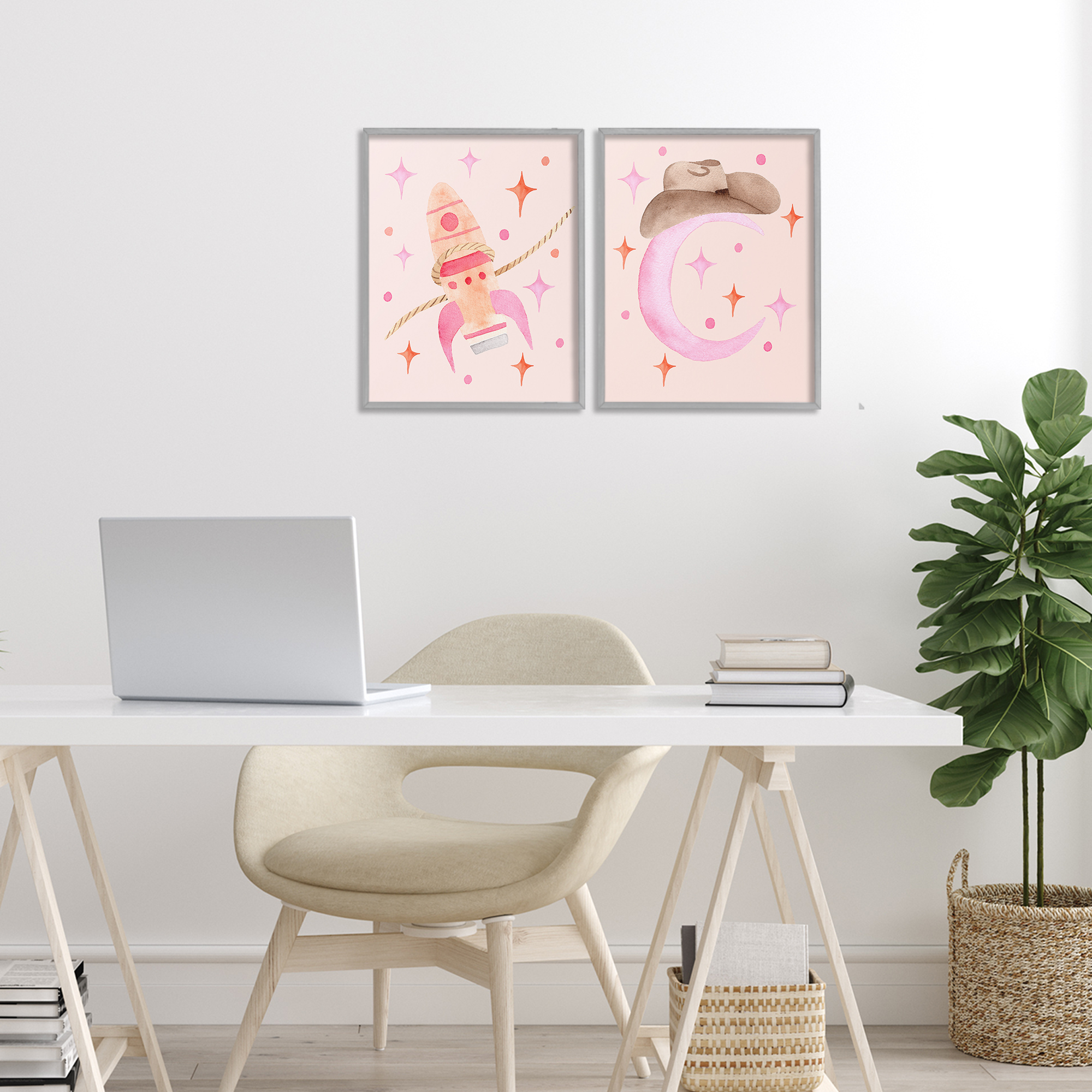 Space Cowgirl Rocket Ship 2 Piece Gray Framed Giclee Art Set, design by Nina Jacobs