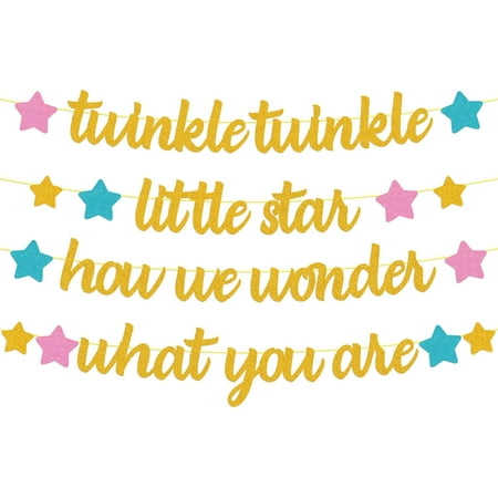 Twinkle Twinkle Little Star How We Wonder What You are Banner Gender Reveal Decorations He or She Pink Blue Gold Star Baby Shower Party Supplies Glitter Décor Pre-Strung