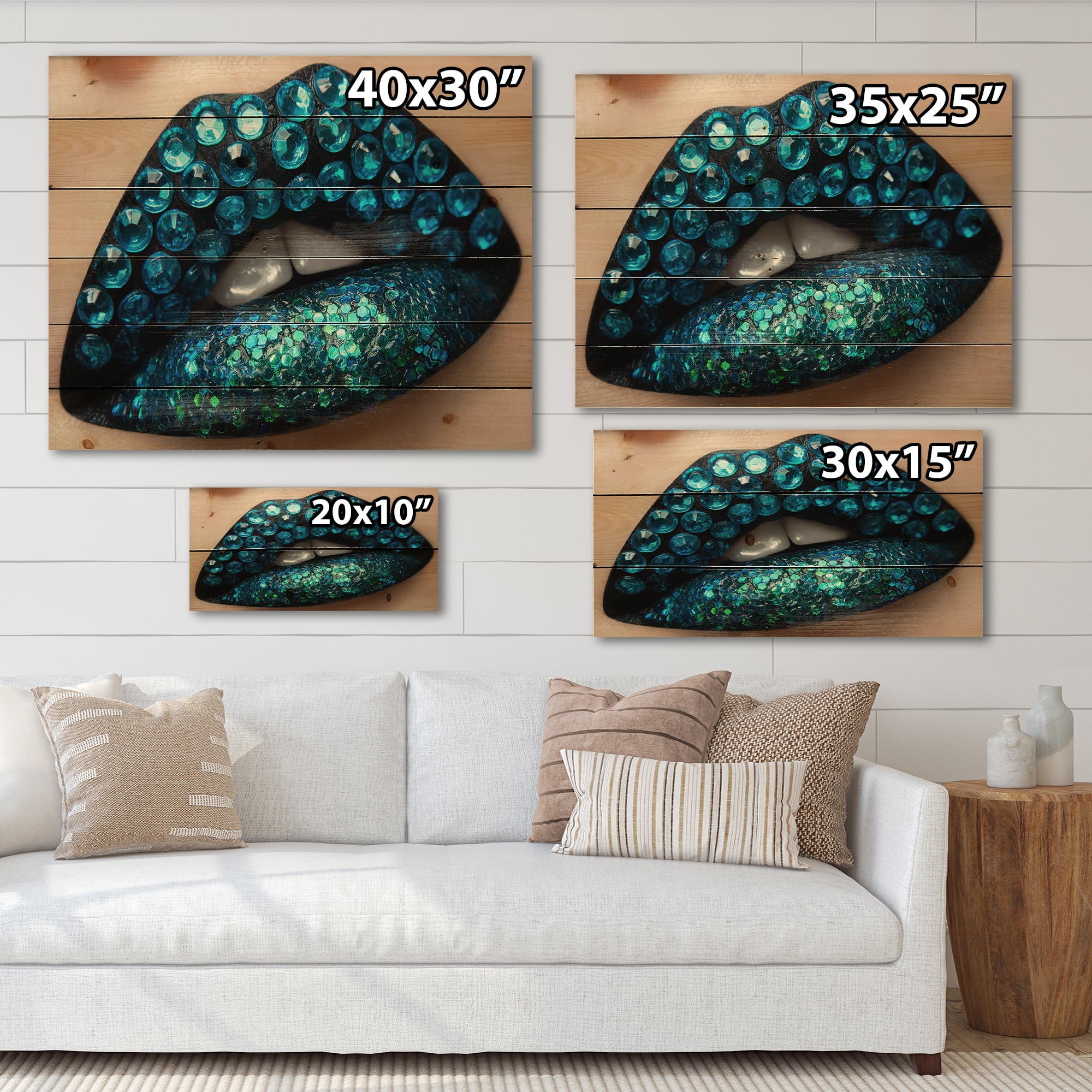 Designart 'Woman Lips With Black Lipstick Blue Diamonds' Modern Print on Natural Pine Wood