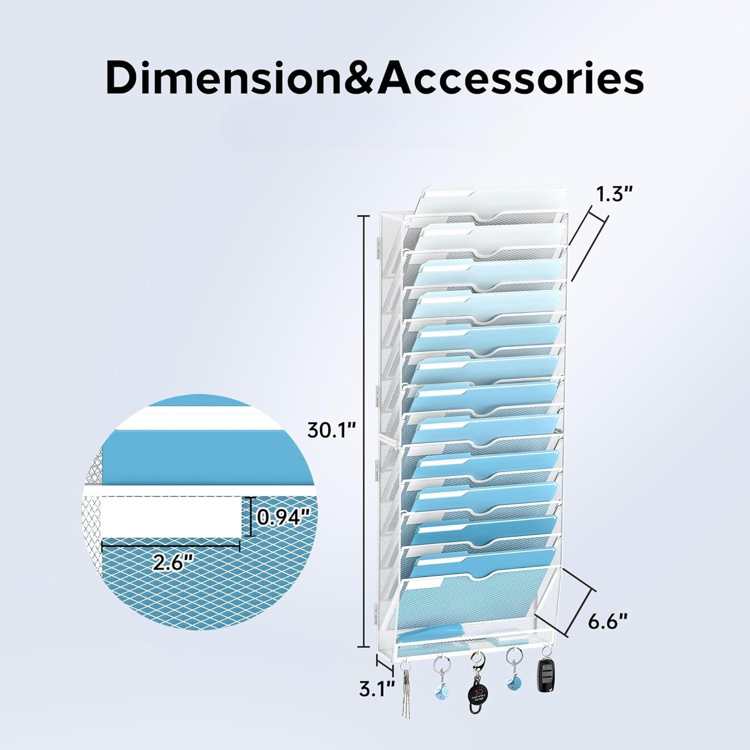 INTIGE 13-Tier Metal Hanging File Organizer with Hooks, Mesh Wall Paper Organizer for Office, White