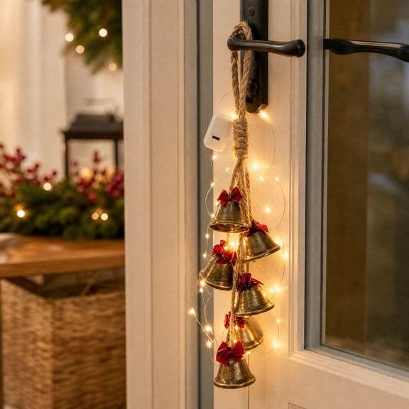 Lighted Christmas Bells Garland Warm White String Holiday Tree Door Decor