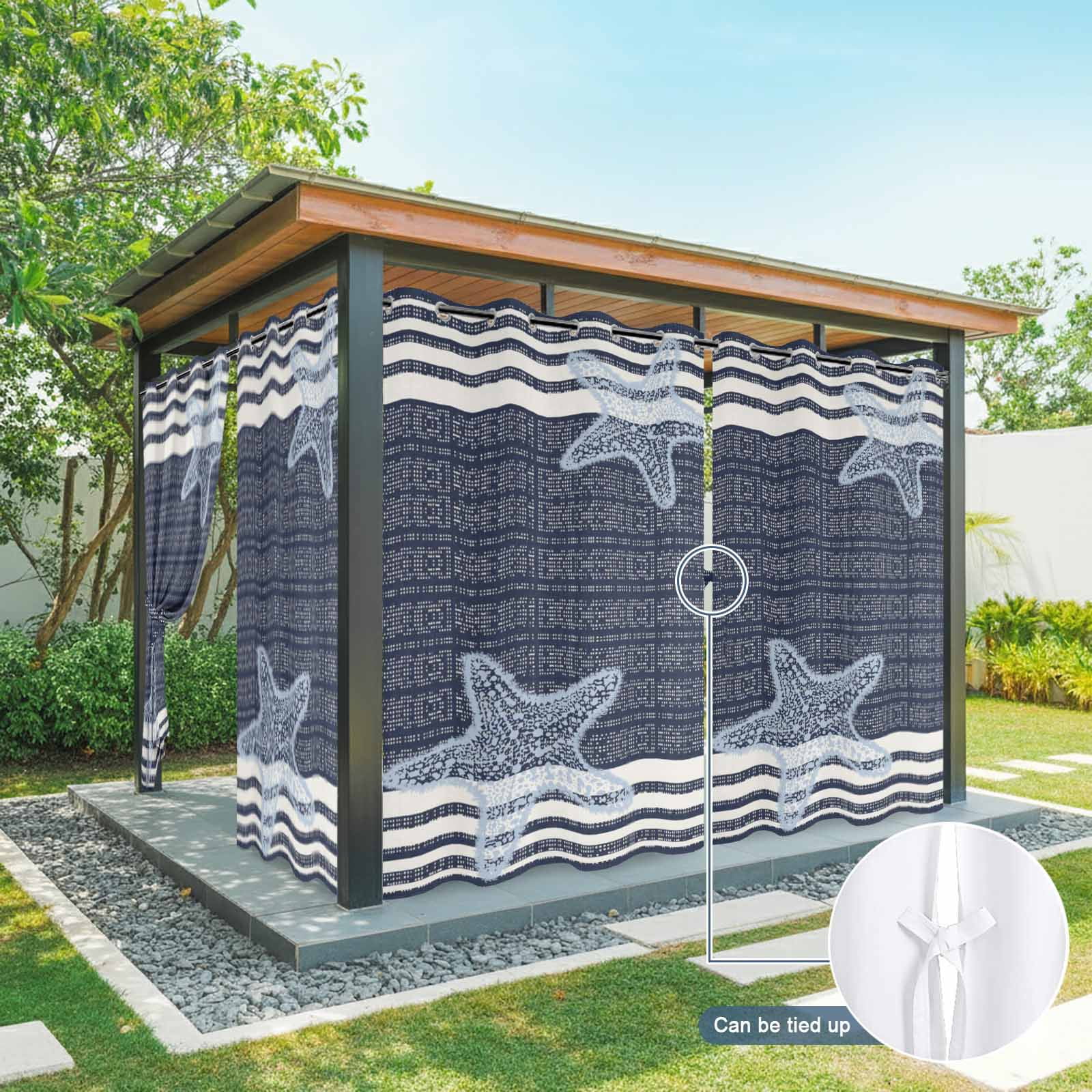 Pixel Navy Blue Star Outdoor Curtains for Patio, Modern Abstract Nautical Ocean Beach Starfish Stripe Sunshade Privacy Drapes Grommet Waterproof Outside Curtains for Porch Balcony 54"x108", 1 Panel