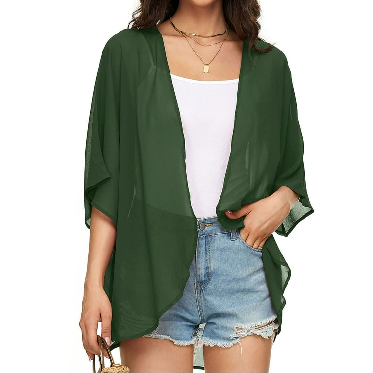 JSGEK Rollbacks Women s Open Front Solid Puff Sleeve Kimono Thin