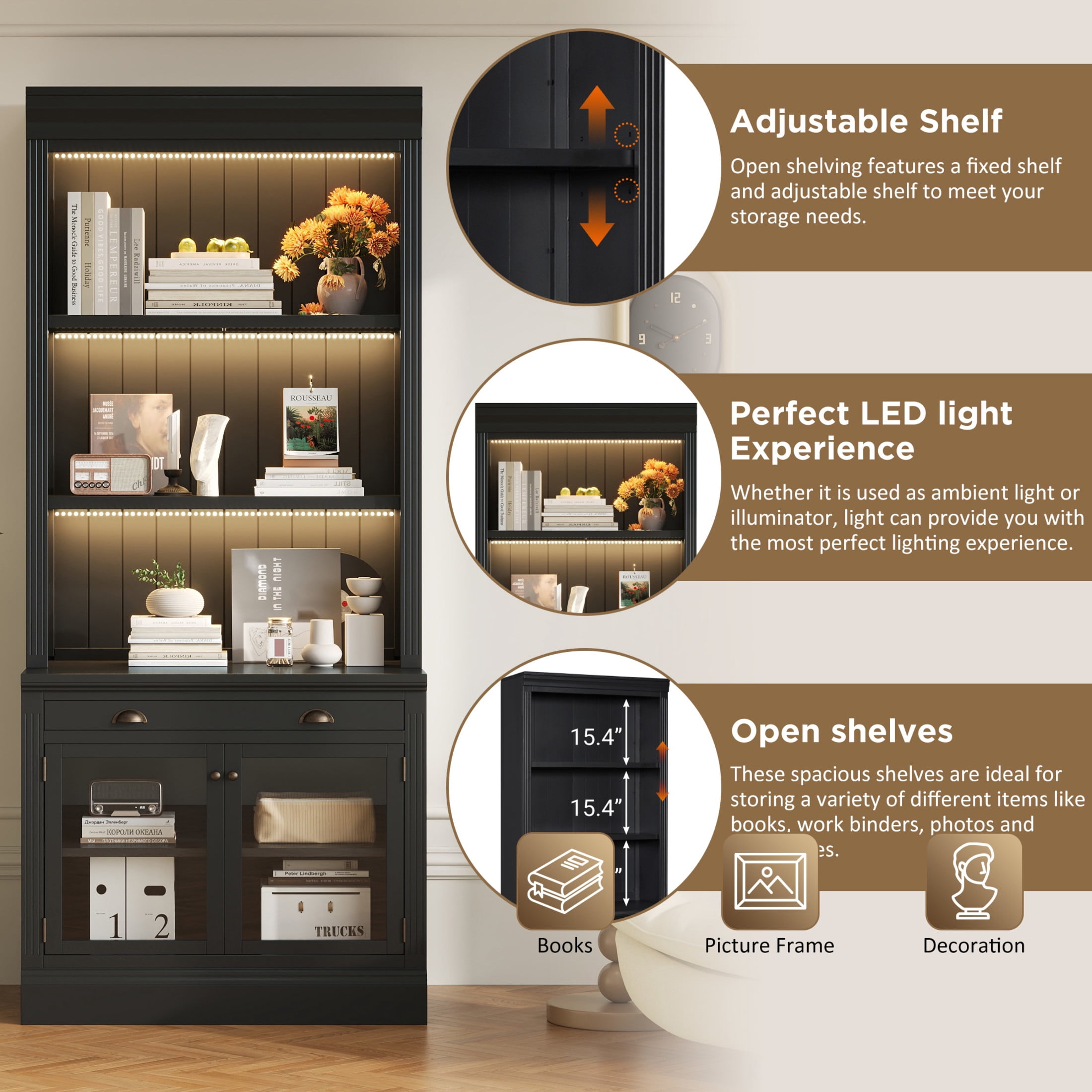GDF Studio Caldon 83.4" Bookshelf with LED Lighting, Drawers & Sliding Doors, Modern Bookcase for Home Office, Black