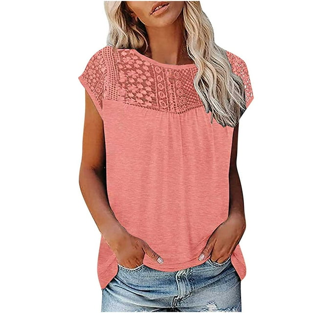 Mikilon Ensemble Élégant pour Femmes 2 Pcs Imprimé Manches Courtes Patchwork en Dentelle Col Rond Chic Confortable Rose S