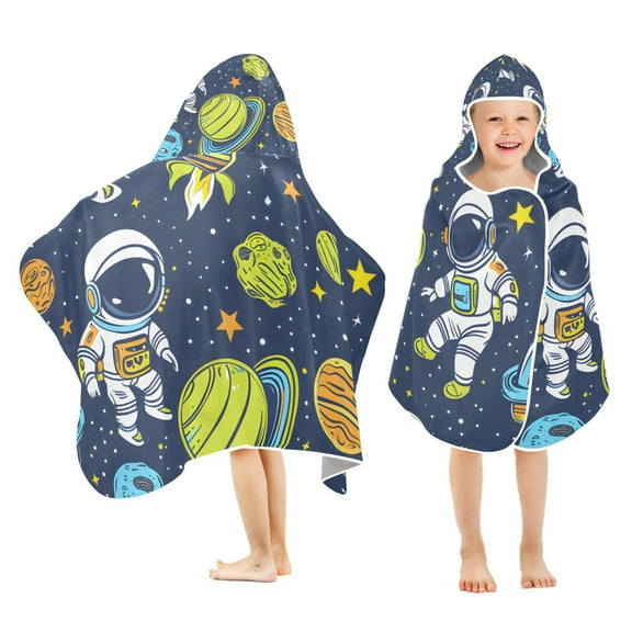 Cartoon Astronauts Space Universe Kids Hooded Beach Towel Baby Bath Poncho Towels with Hood Absorbent 50"x23.5" for Pool Swimming