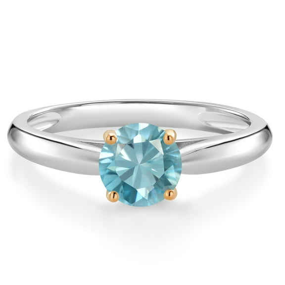 Gem Stone King 1.20 Ct Round Blue Zircon 10K White and Yellow Gold Solitaire Engagement Ring (Size 6)