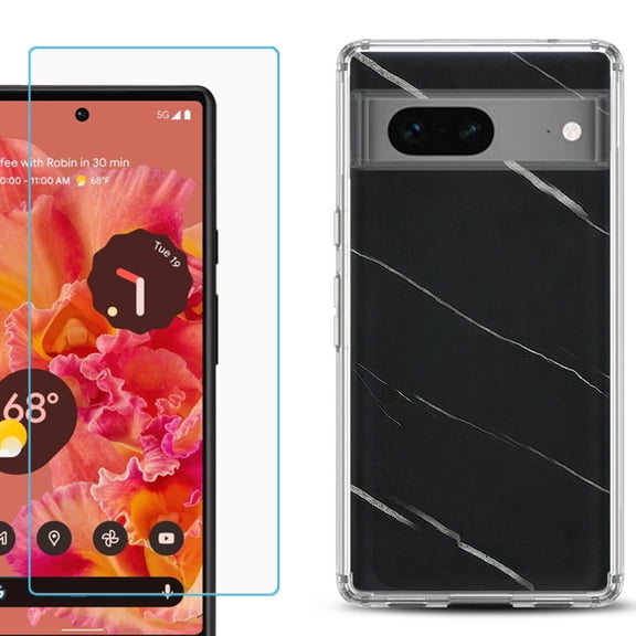 Slim-Fit Gel TPU Phone Case for Google Pixel 7, with Tempered Glass Screen Protector, by OneToughShield ® - Marble / Black