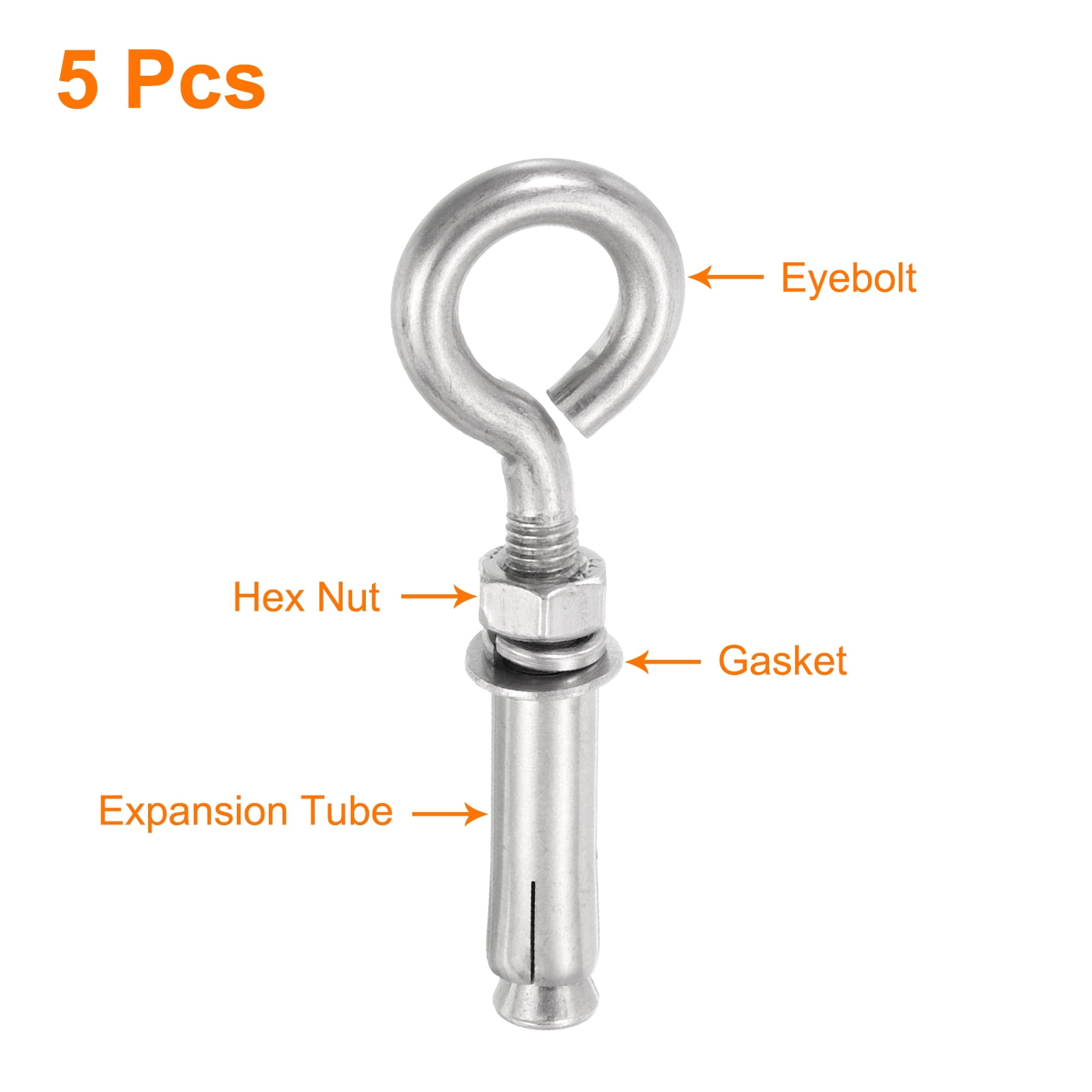 5 Pack M10 304 Stainless Steel Expansion Eyebolt, Closed Hook Expansion Bolt Screw Concrete Eyebolt