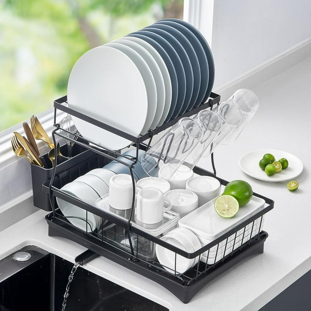 Égouttoir à Vaisselle, Reemix Égouttoir à Vaisselle 2 Niveaux avec Porte-Ustensiles Amovible et Pivotant, Matériau en Acier à Haute Teneur en Carbone Durable, Grande Capacité, Installation Facile, Noir