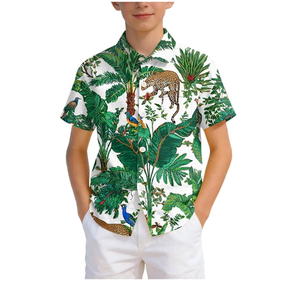 NOEGOEU Boys Hawaiian Shirt Short Sleeve Button Down Shirts Funny Graphic Tees Tops for Kids 2-13 Years (Green,5-6 Years)