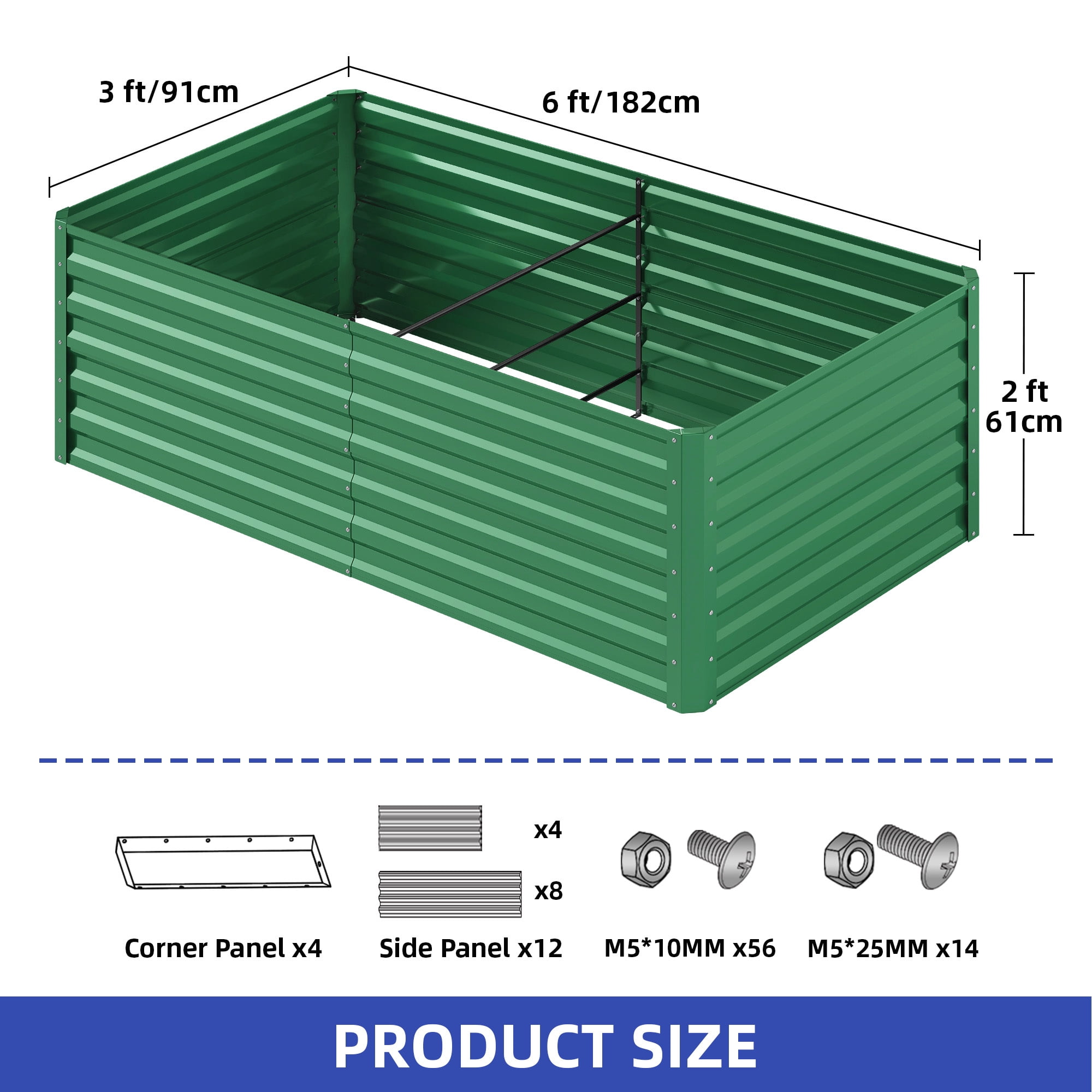 Uforic 6X3X2FT 1 Pack Galvanized Metal Raised Garden Bed Kit with Gardening Gloves & Support Rod, Outdoor Above Ground Planter Box for Plants Vegetables Flowers, Green