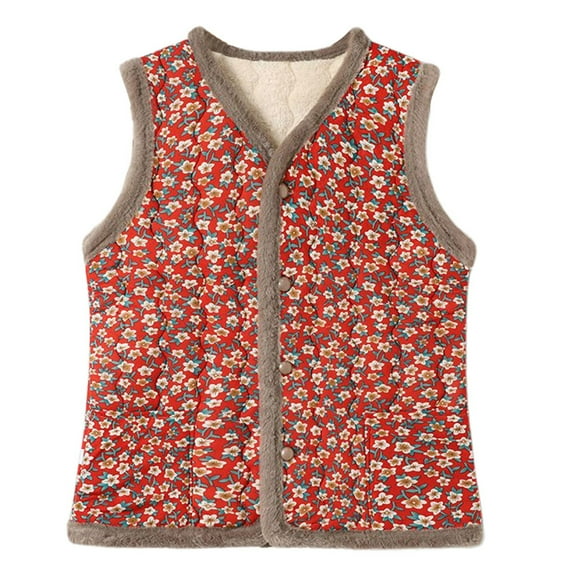 VNKIDY Women's Quilted Vest Thermal Floral Pattern Plush Lined Coat Winter Sleeveless V Neck Button Front Relaxed Fit Gilet For Casual Daily Wear Stylish Top