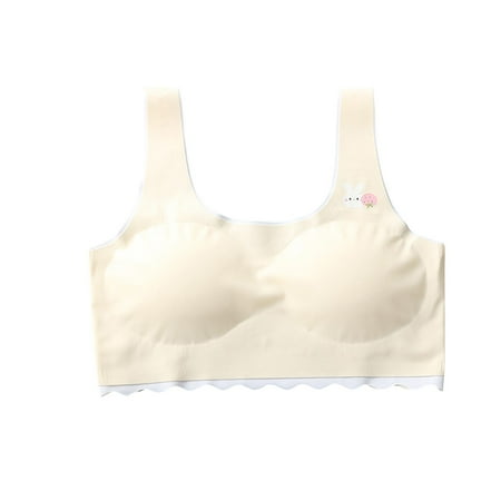 Xfvqtps Girls Bras with Padded Fixed Cup Seamless Wavy Hem Ice Silk Cooling Training Bra for Teen Big Kids Cute Rabbit Strawberry Print Comfortable Breathable Girls Bras for 12-15 Years Beige