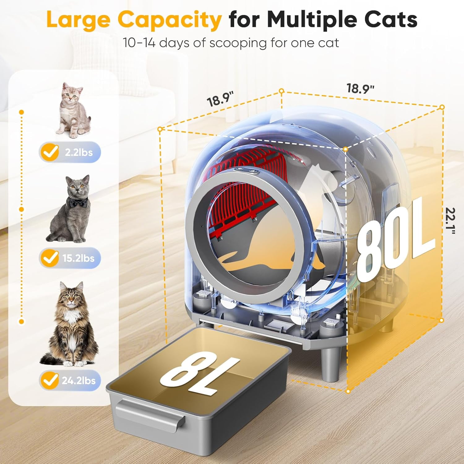 88L Large Self-Cleaning Automatic Cat Litter Box for Multiple Cats, Smart App Control, Health Monitoring, Safety Sensors, Odor Removal, with Mat & Liners (White)