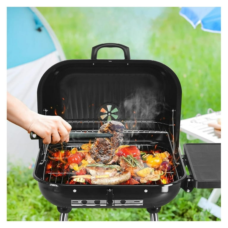 28 Inch Charcoal Grills with Wheels and Foldable Side Shelf Barbecue Grill for Outdoor Cooking Barbecue Camping BBQ Charcoal BBQ Grill with Adjustable Vents on Lid for Backyard Patio Picnic Deck