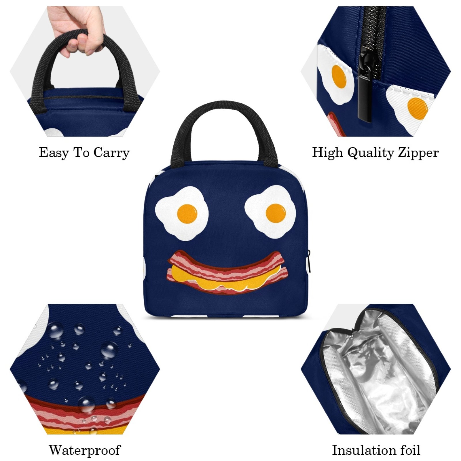 ERJLKXP Funny Fried Egg Bacon Insulated Lunch Bags for Women and Men,Adult Reusable Lunch Tote Bag for Work,cooler bag
