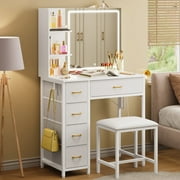 Fairy Vanity Desk Lighted Mirror 5 Drawers Power Outlet Side Hooks Hair Dryer Holder Stool Table Set White