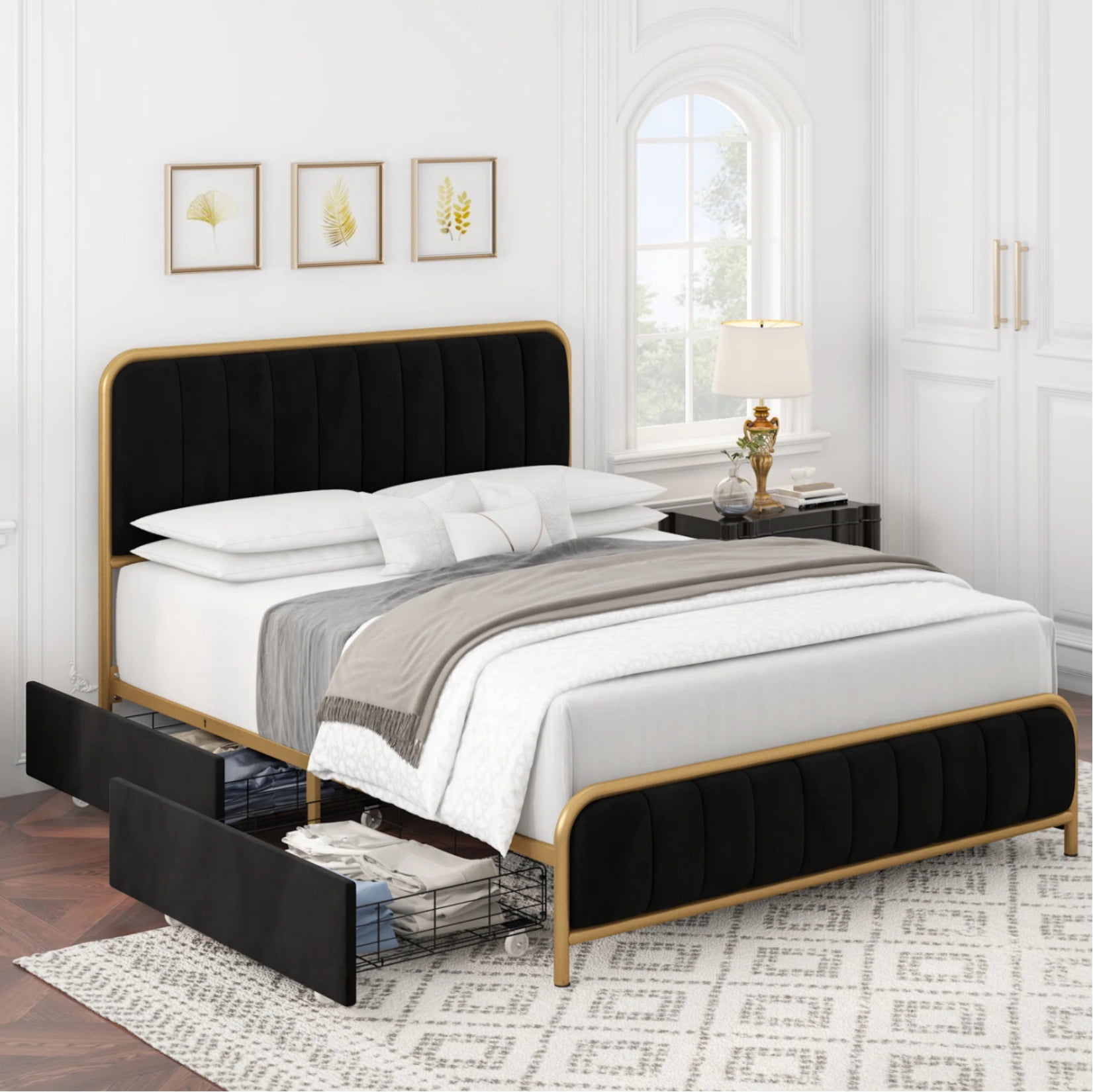 Homfa Full Size 4 Drawers Storage Bed, Gold Platform Bed Frame with
