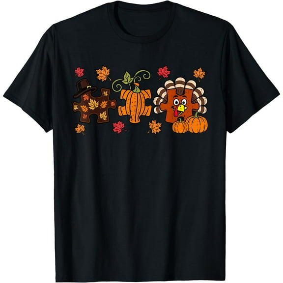 Turkey Autism Awareness Puzzle Pumpkin Fall Thanksgiving T-Shirt,Top Tees,Black